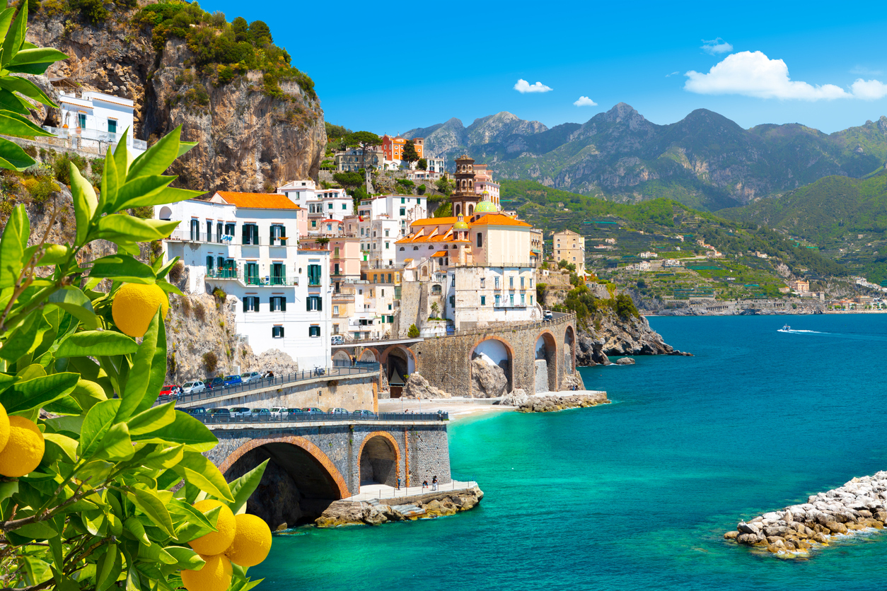 Morning view of Amalfi cityscape on coast line of mediterranean sea, Italy